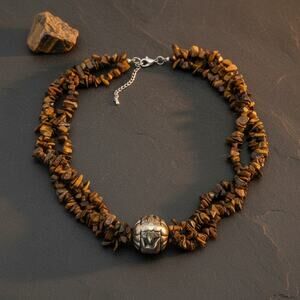 Vintage Tiger Eye Chip Necklace-Multi Strand-Silver Tone Bead-Boho-Statement